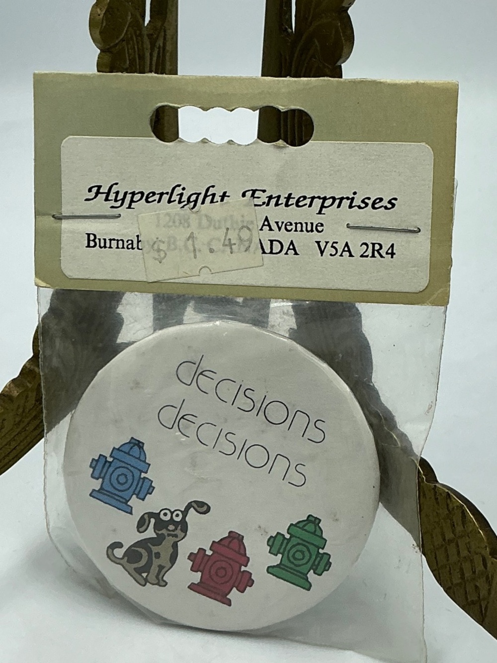 Vintage Magnetic Button Pin Decisions Decisions Fire Hydrant Dog Hyperlight